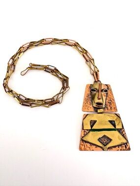 Vintage Casa Maya Aztec Mayan Necklace Pendant Copper Brass Mexico Tribal 60s